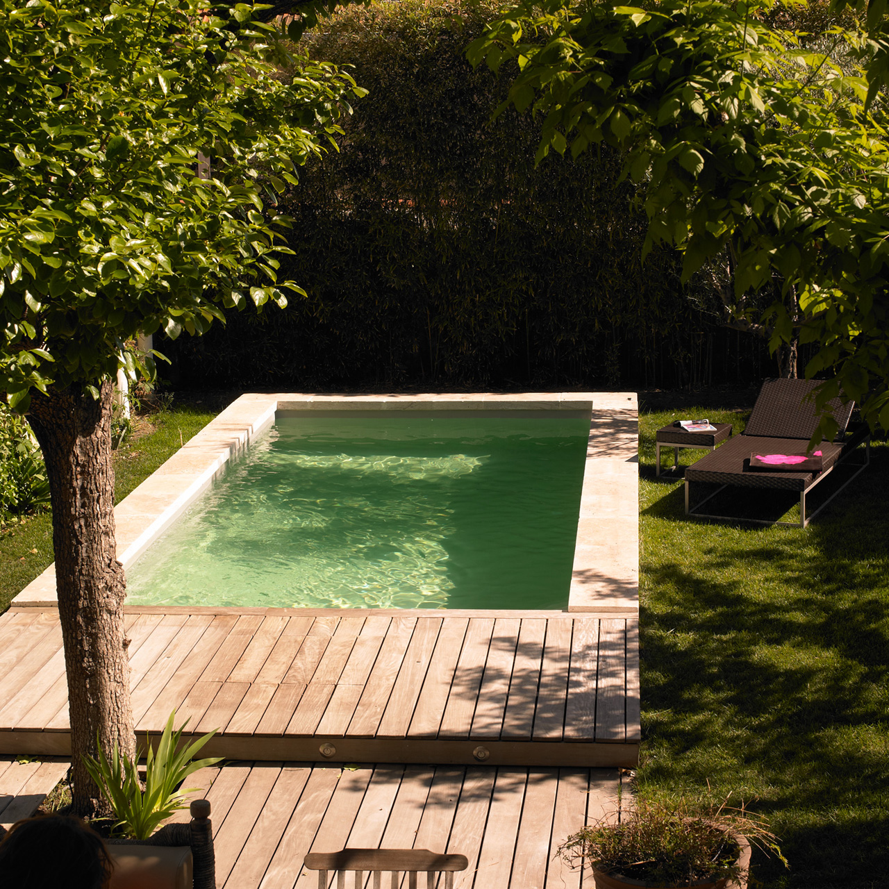 Petite piscine dans jardin arboré